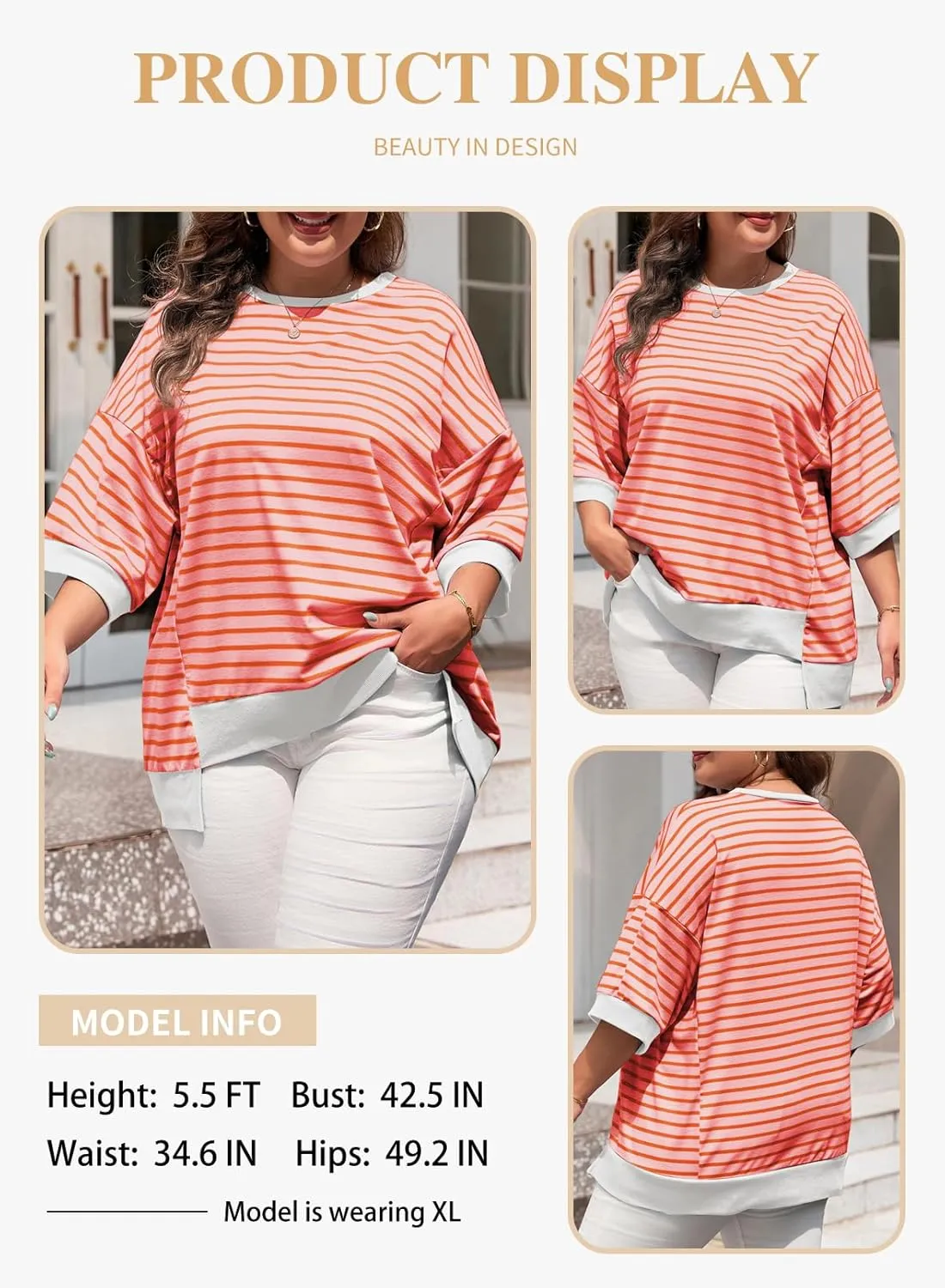 Eytino Womens Plus Size Tops Casual Short Sleeve Striped Color Block Shirts Crewneck Pullover T Shirts(1X-5X)