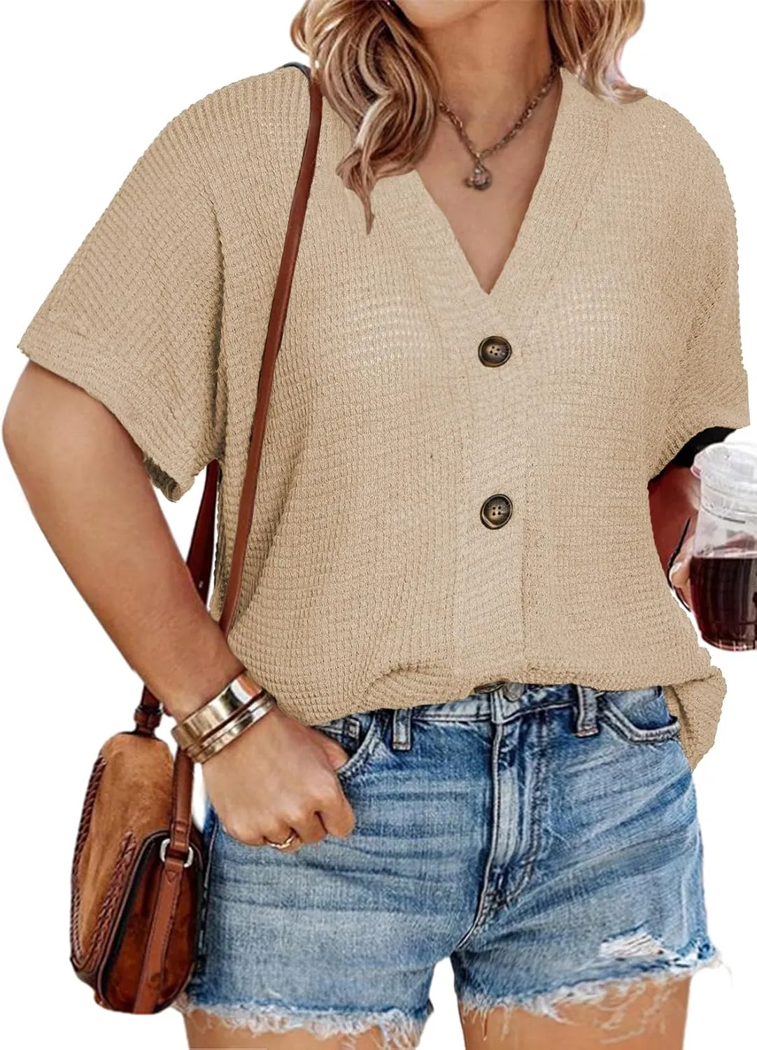 Eytino Womens Plus Size Tops Casual V Neck Short Sleeve Waffle Knit Button Down Shirts(1X-5X)