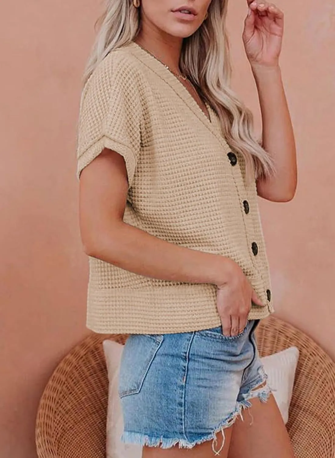 Eytino Womens Plus Size Tops Casual V Neck Short Sleeve Waffle Knit Button Down Shirts(1X-5X)