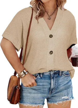 Eytino Womens Plus Size Tops Casual V Neck Short Sleeve Waffle Knit Button Down Shirts(1X-5X)