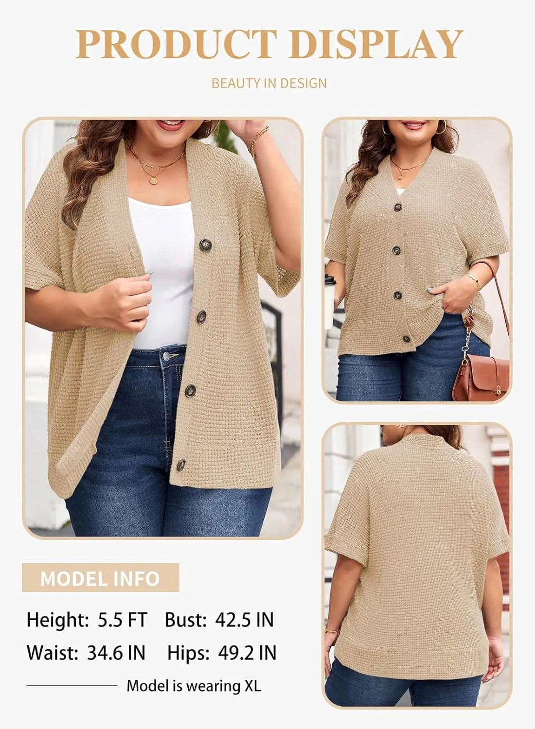 Eytino Womens Plus Size Tops Casual V Neck Short Sleeve Waffle Knit Button Down Shirts(1X-5X)