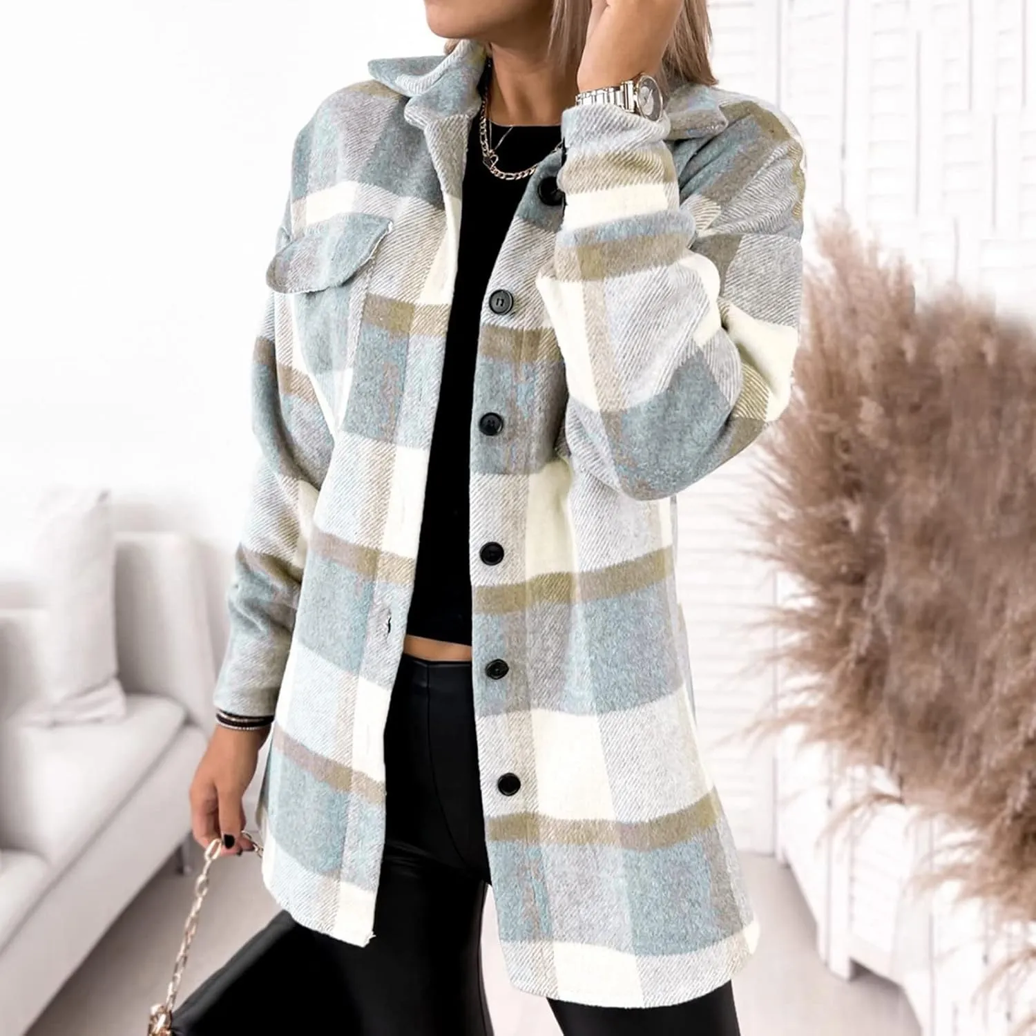 Fall Shacket Jacket 2024 Women Fall Clothes for Women Sweaters Flannels Plaid Shirts Button Down Long Sleeve Shirts