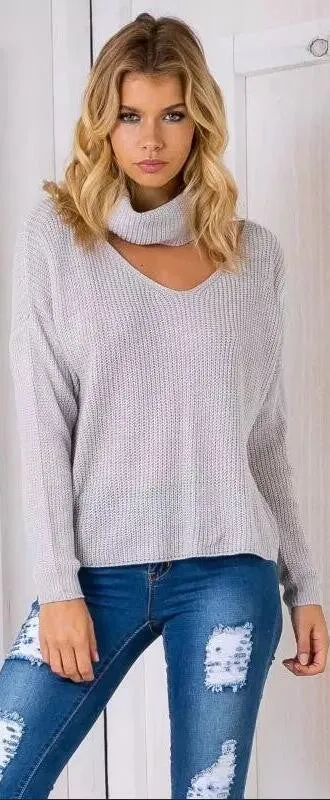 Fashion High Neck Hollow Out Pullover Knitting Sweater
