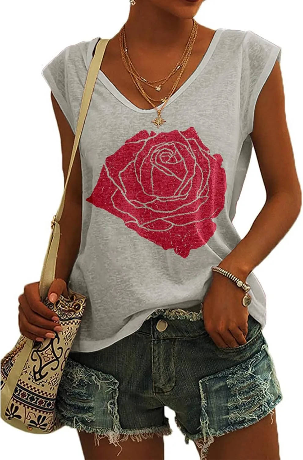 Fazortev Womens Cap Sleeve Blouses Rose Graphic Tees T-Shirt Casual V Neck Tank Tops Loose Fit Summer Basic Shirts