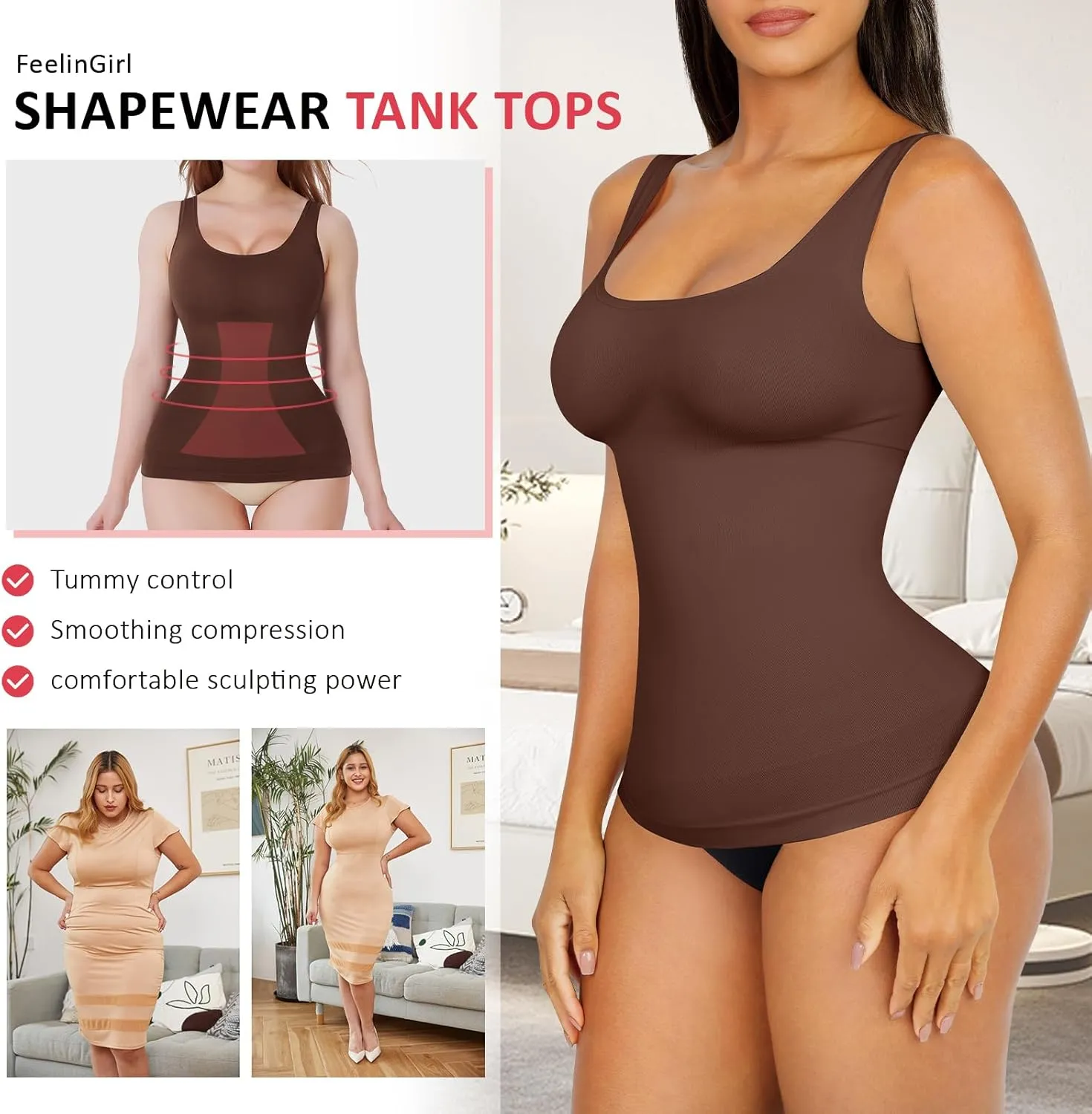 FeelinGirl Tummy Control Shapewear Tank Tops Seamless Compression Tops Slimming Body Shaper Wide Strap Camisole