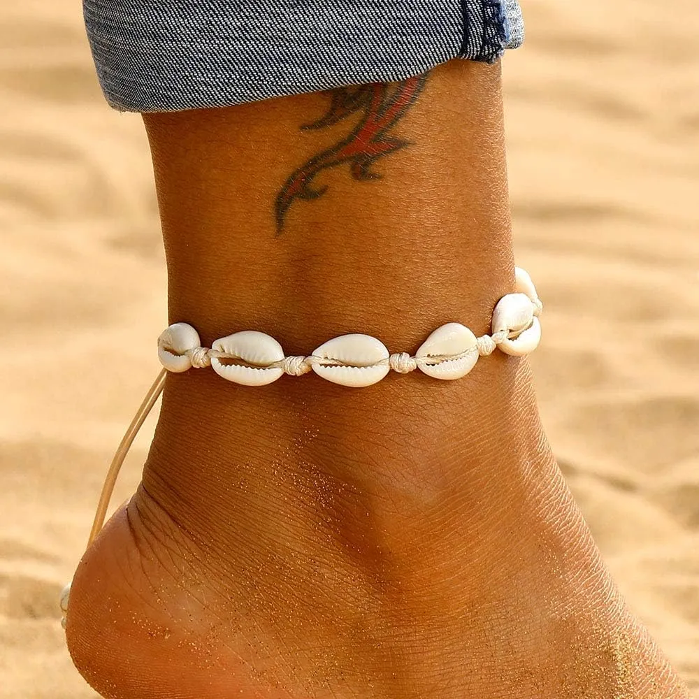 Fesciory Puka Shell Anklet for Women Summer Natural Cowrie Adjustable Ankle Bracelet, Handmade Boho Hawaiian Beach Seashell Jewelry