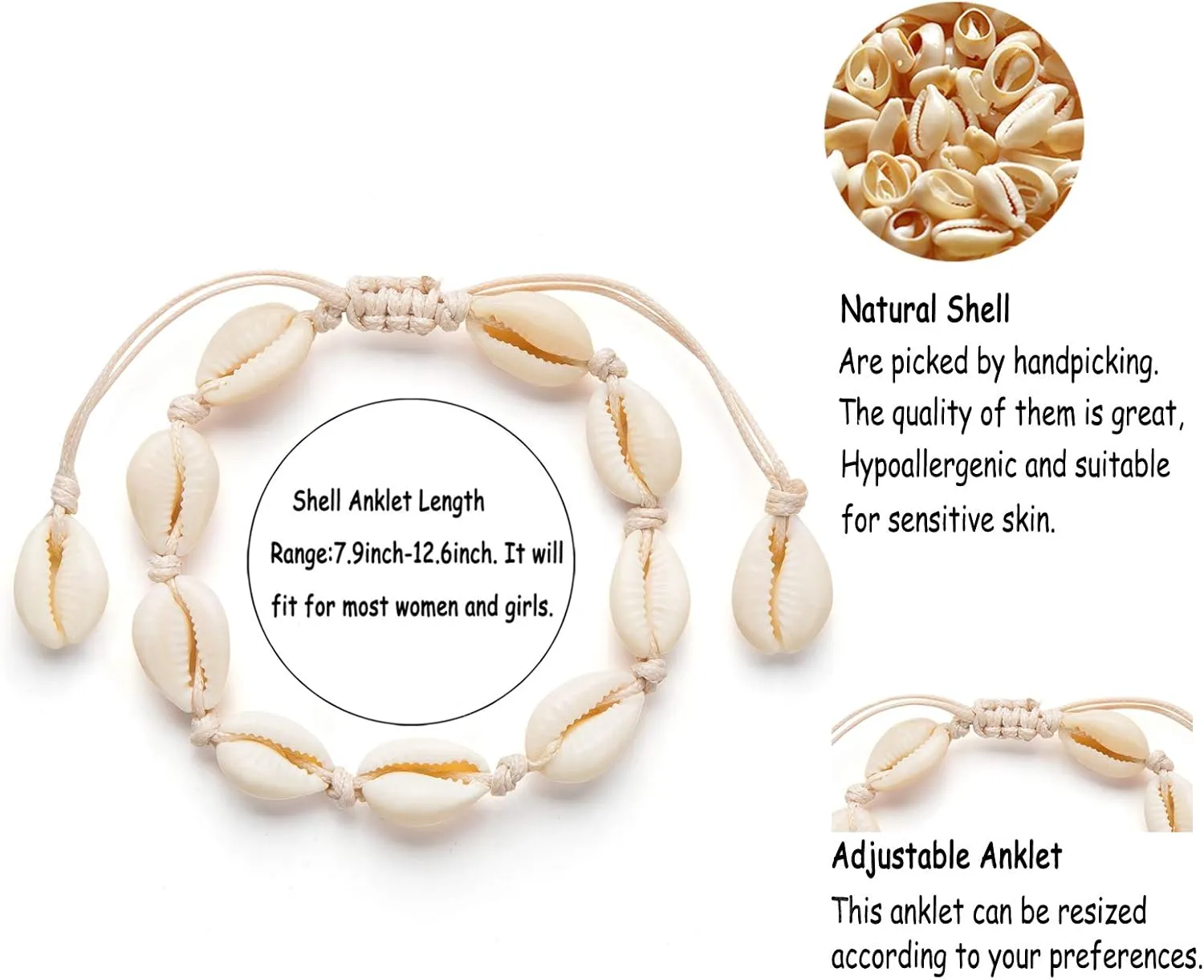 Fesciory Puka Shell Anklet for Women Summer Natural Cowrie Adjustable Ankle Bracelet, Handmade Boho Hawaiian Beach Seashell Jewelry