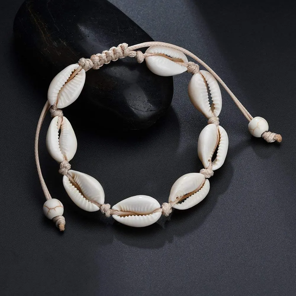Fesciory Puka Shell Anklet for Women Summer Natural Cowrie Adjustable Ankle Bracelet, Handmade Boho Hawaiian Beach Seashell Jewelry
