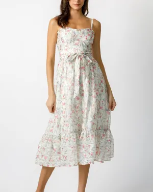 Floral Dress with Self Tie Belt - Ivory/Multi Floral