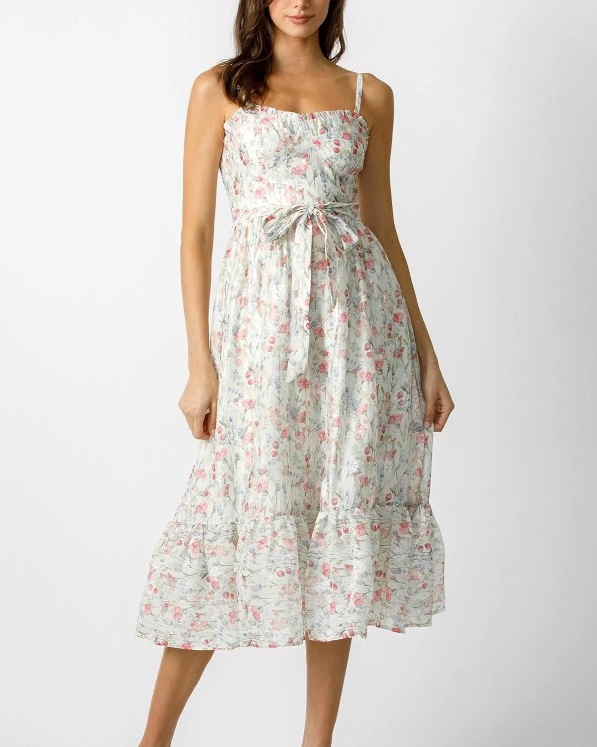 Floral Dress with Self Tie Belt - Ivory/Multi Floral
