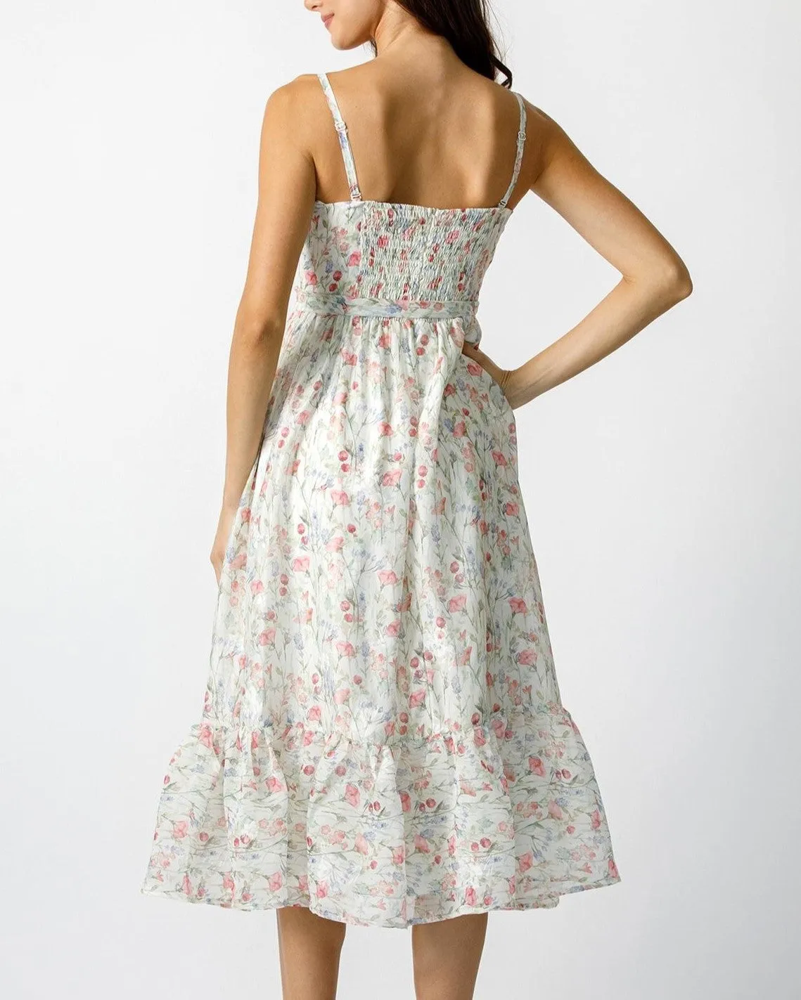 Floral Dress with Self Tie Belt - Ivory/Multi Floral