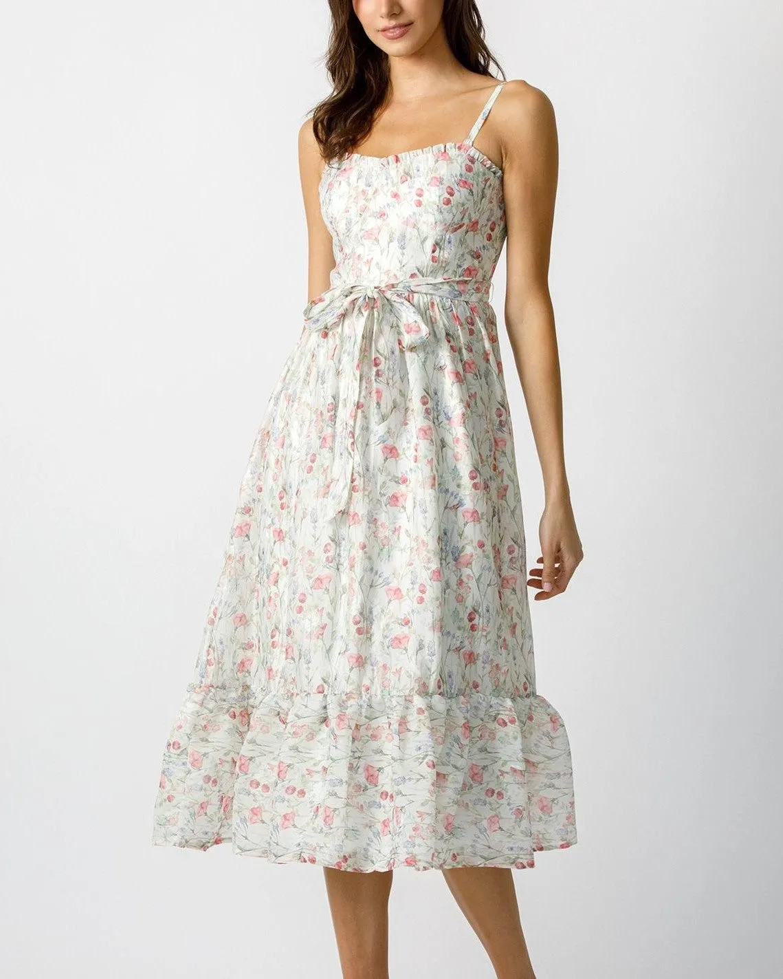 Floral Dress with Self Tie Belt - Ivory/Multi Floral
