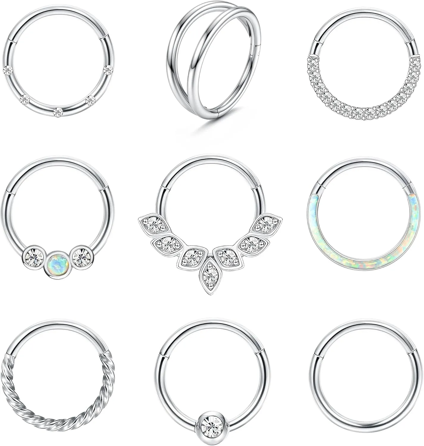 Florideco 16g 18g Septum Rings Surgical Steel Nose Rings Hoop For Women CZ Opal Septum Rings Clicker Hinged Segment Nose Rings Lip Helix Cartilage Conch Daith Rook Piercing Jewelry 8mm 10mm