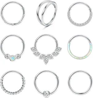Florideco 16g 18g Septum Rings Surgical Steel Nose Rings Hoop For Women CZ Opal Septum Rings Clicker Hinged Segment Nose Rings Lip Helix Cartilage Conch Daith Rook Piercing Jewelry 8mm 10mm