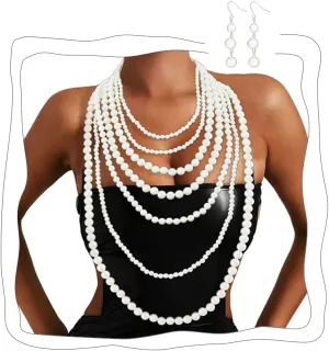 Florry Pearl Body Chains Long Layered Necklace with Earrings Pearl Body Jewelry for Women