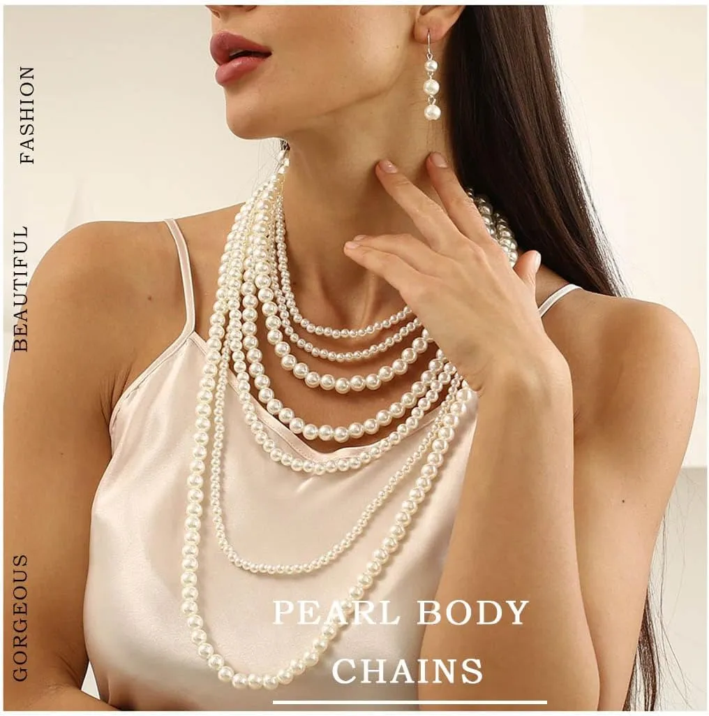 Florry Pearl Body Chains Long Layered Necklace with Earrings Pearl Body Jewelry for Women