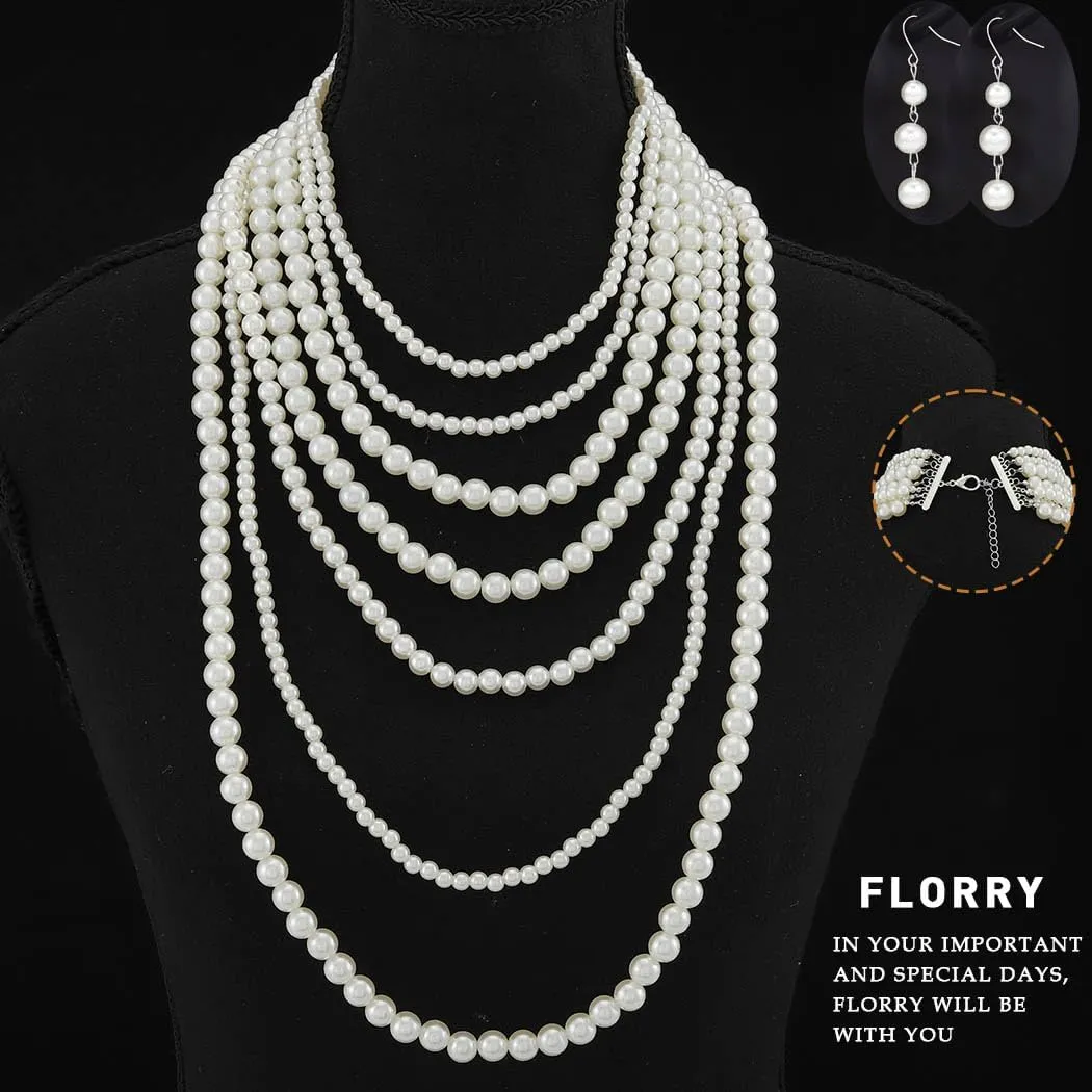 Florry Pearl Body Chains Long Layered Necklace with Earrings Pearl Body Jewelry for Women
