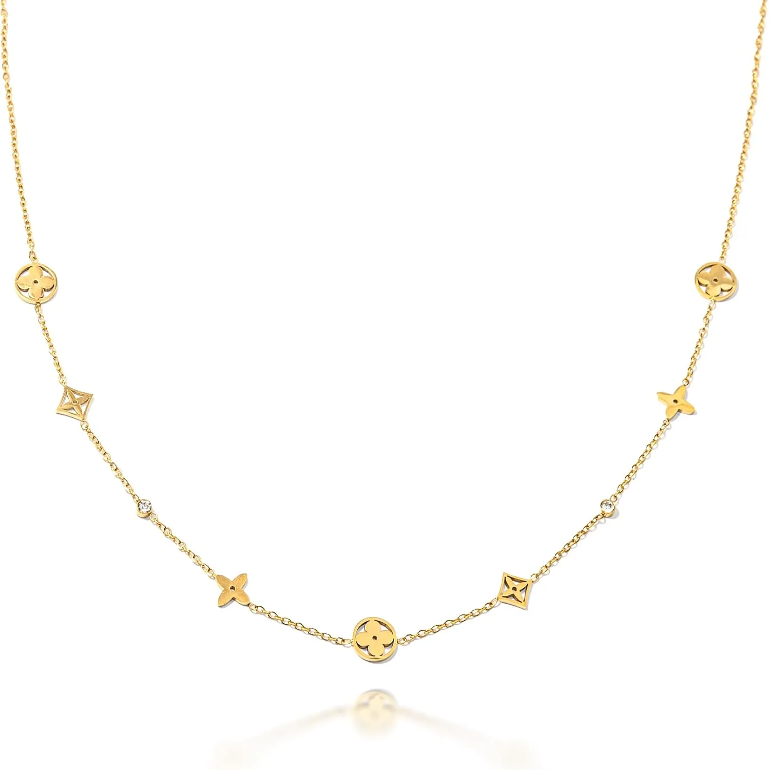 Four Leaf Clover Necklace for Women-18K Gold Plated CZ Cubic Zirconia Chocker Necklace, Dainty Lightweight Lucky Necklace Accessories Jewelry gifts for Mother's Day.Adding color to the charm of women