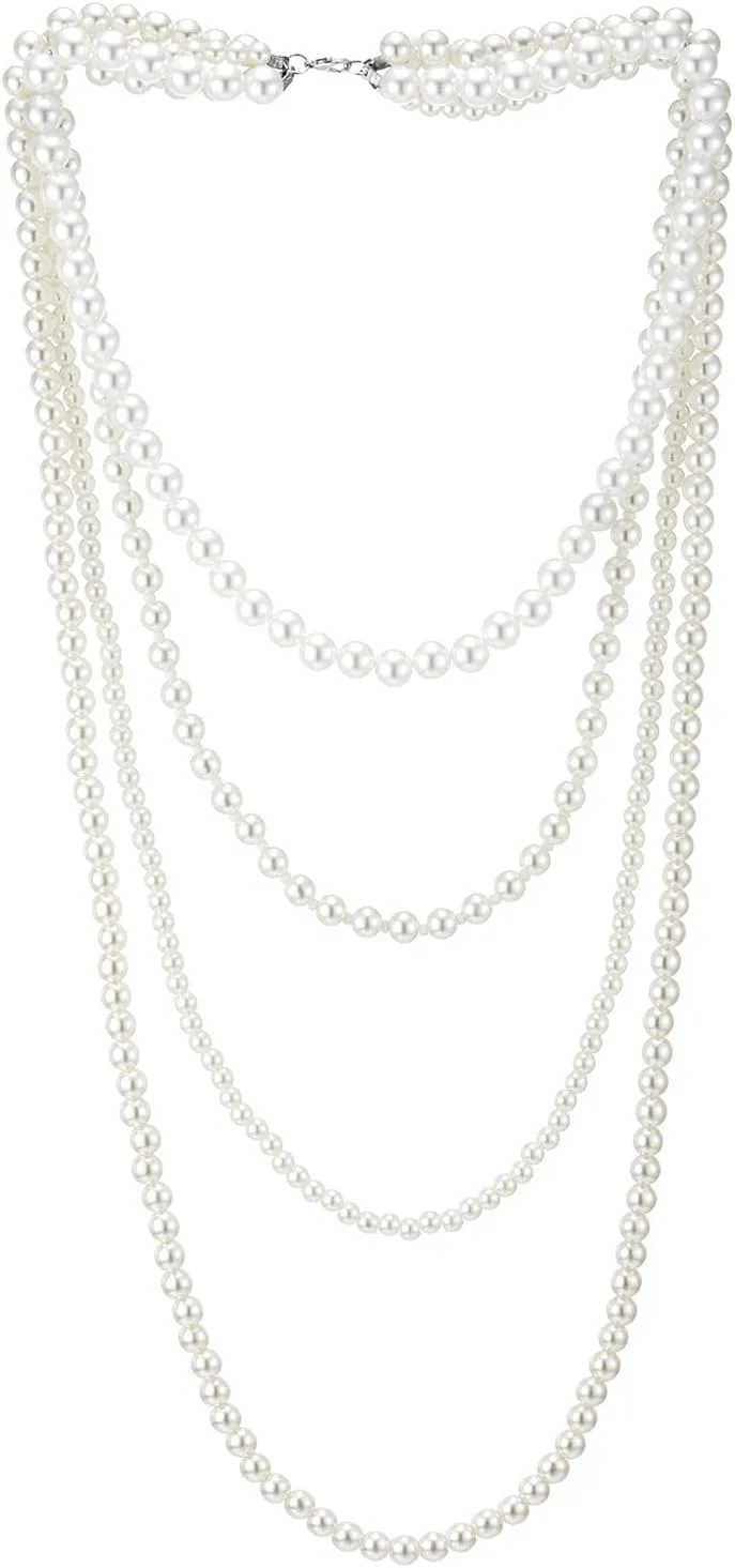 Four-strand White Pearls Necklace Layered, Womens Statement Necklace Beads Chains, Dress Wedding