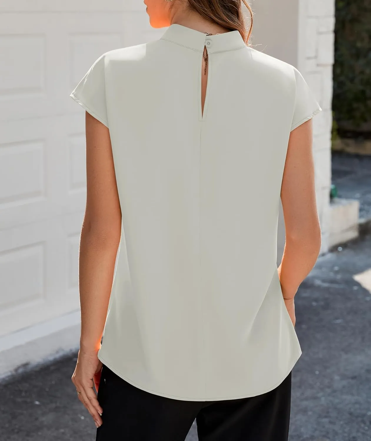 Funlingo Womens Summer Tops Mock Neck Short Cap Sleeve Blouses Business Casual Work Chiffon Shirts Front Pleated Tunic Top
