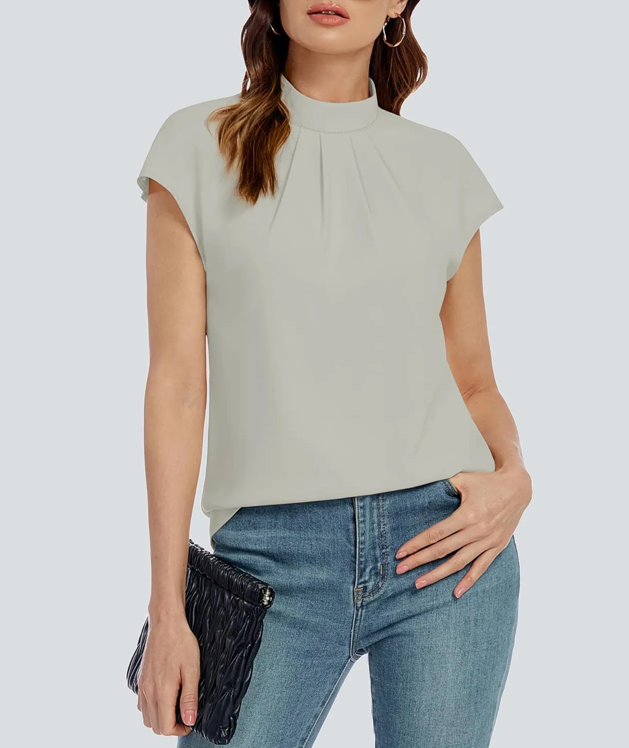 Funlingo Womens Summer Tops Mock Neck Short Cap Sleeve Blouses Business Casual Work Chiffon Shirts Front Pleated Tunic Top