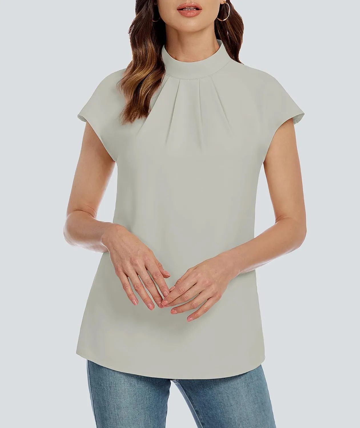 Funlingo Womens Summer Tops Mock Neck Short Cap Sleeve Blouses Business Casual Work Chiffon Shirts Front Pleated Tunic Top