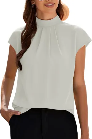 Funlingo Womens Summer Tops Mock Neck Short Cap Sleeve Blouses Business Casual Work Chiffon Shirts Front Pleated Tunic Top