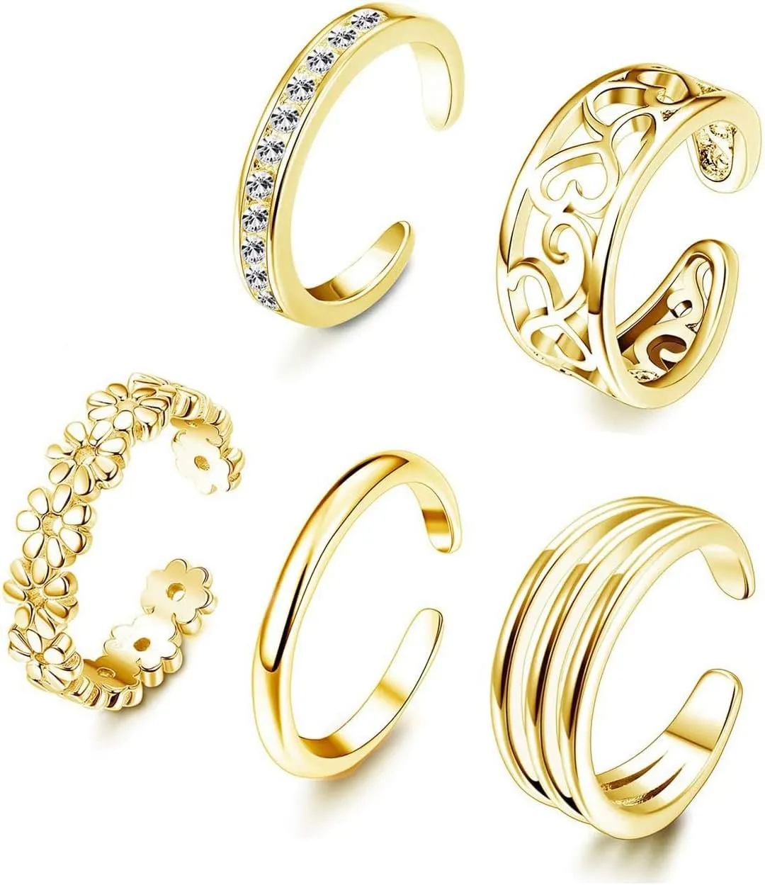 FUNRUN JEWELRY 5PCS Adjustable Toe Ring for Women Open Tail Ring Band Hawaiian Foot Jewelry