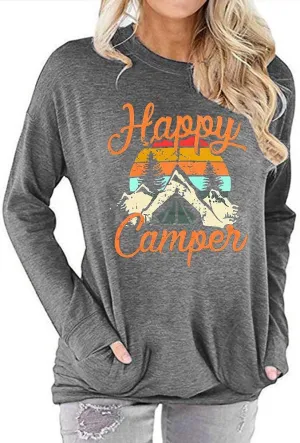 Fuyxxmer Happy Camper Sweatshirt Women Vintage Mountain Graphic Tee Long Sleeve Pullover Blouses Top Shirts with Pockets