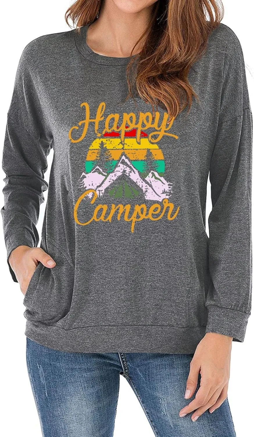 Fuyxxmer Happy Camper Sweatshirt Women Vintage Mountain Graphic Tee Long Sleeve Pullover Blouses Top Shirts with Pockets
