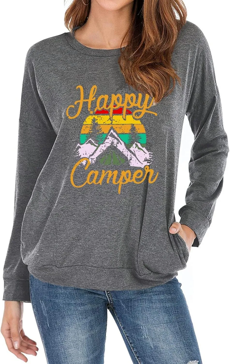 Fuyxxmer Happy Camper Sweatshirt Women Vintage Mountain Graphic Tee Long Sleeve Pullover Blouses Top Shirts with Pockets