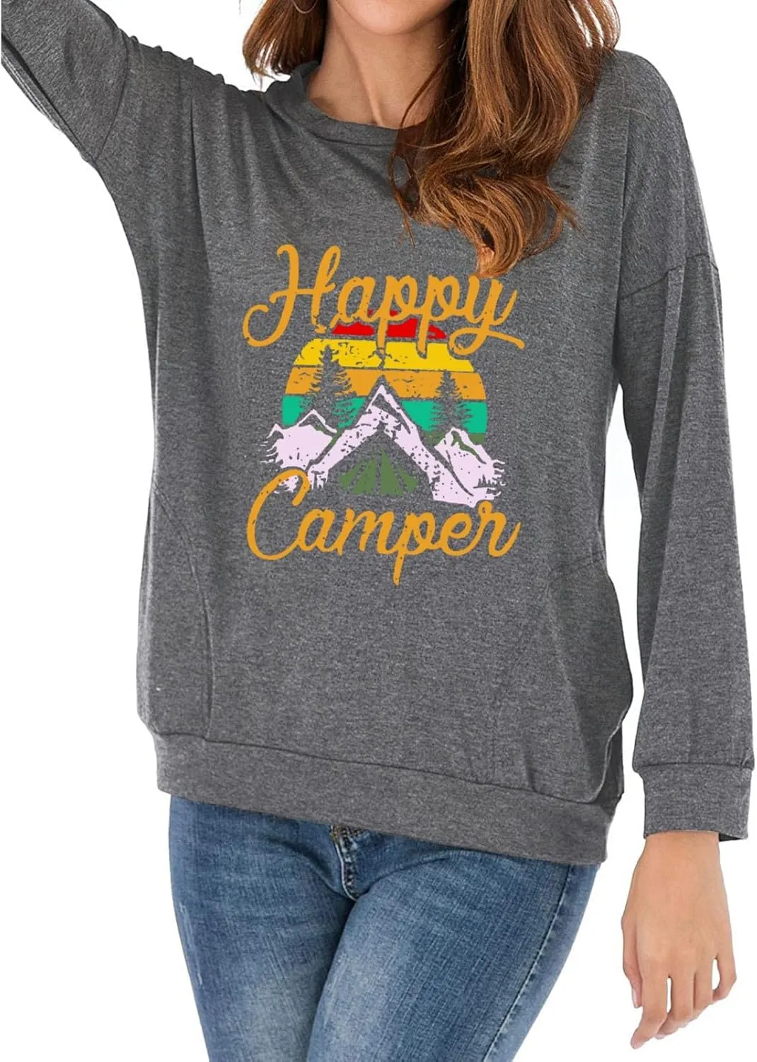 Fuyxxmer Happy Camper Sweatshirt Women Vintage Mountain Graphic Tee Long Sleeve Pullover Blouses Top Shirts with Pockets
