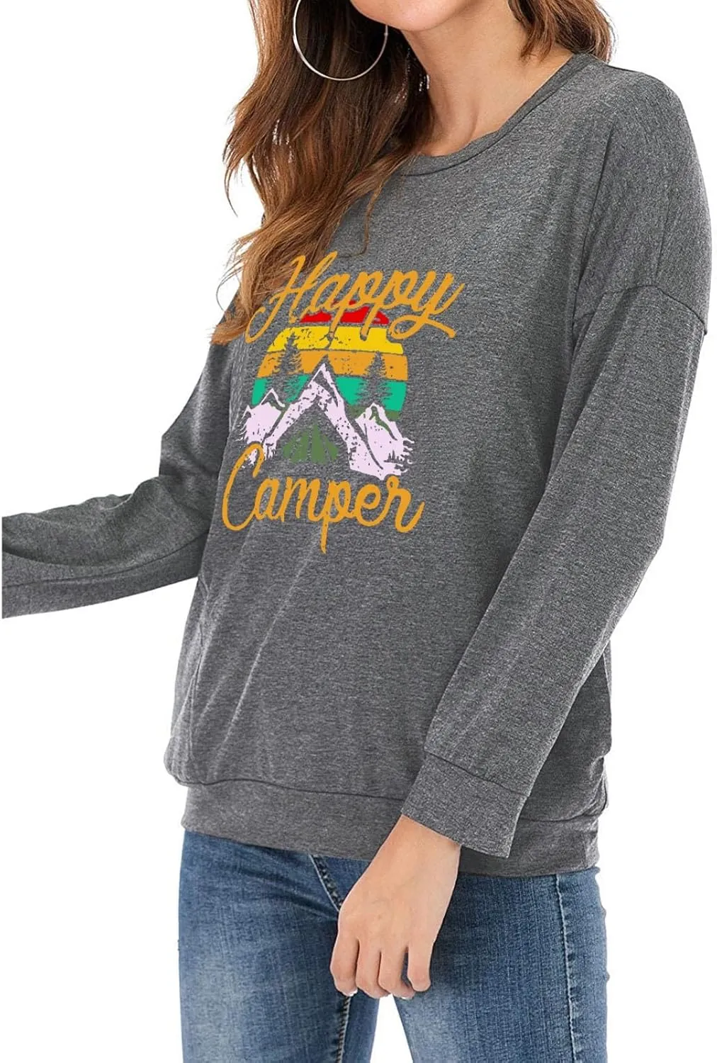 Fuyxxmer Happy Camper Sweatshirt Women Vintage Mountain Graphic Tee Long Sleeve Pullover Blouses Top Shirts with Pockets