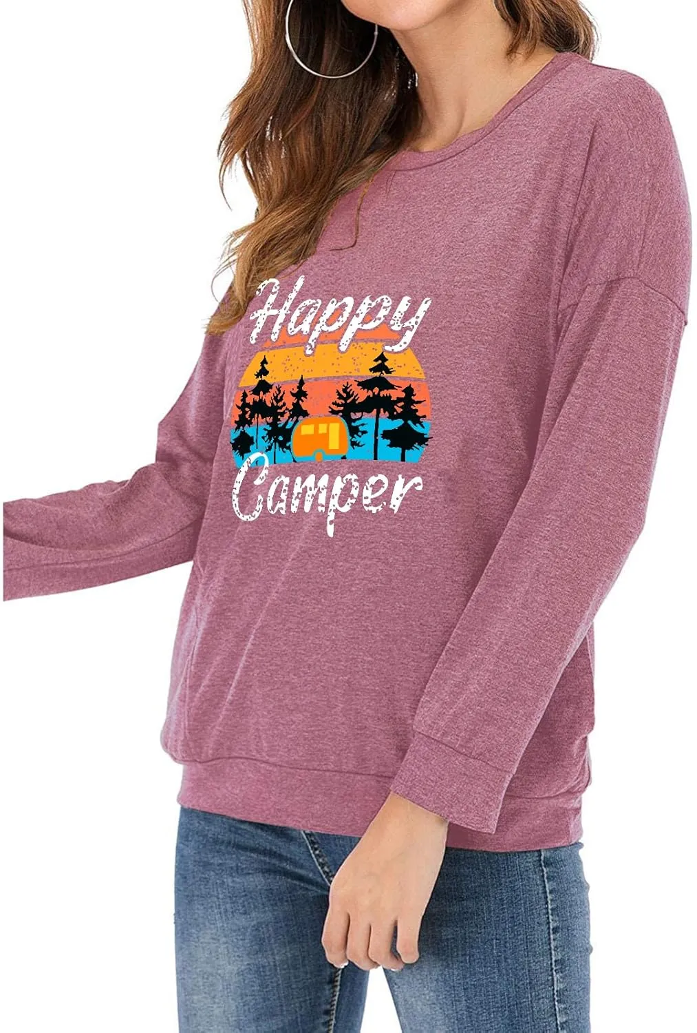 Fuyxxmer Womens Happy Camper Sweatshirt Vintage Mountain Graphic Tee Long Sleeve Pullover Blouses Top Shirts with Pockets