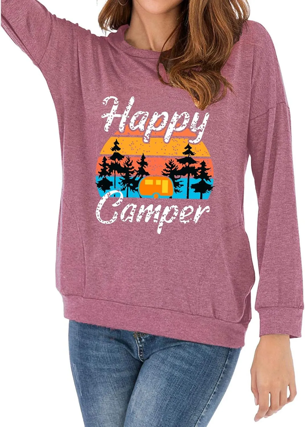 Fuyxxmer Womens Happy Camper Sweatshirt Vintage Mountain Graphic Tee Long Sleeve Pullover Blouses Top Shirts with Pockets