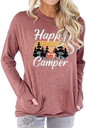 Fuyxxmer Womens Happy Camper Sweatshirt Vintage Mountain Graphic Tee Long Sleeve Pullover Blouses Top Shirts with Pockets