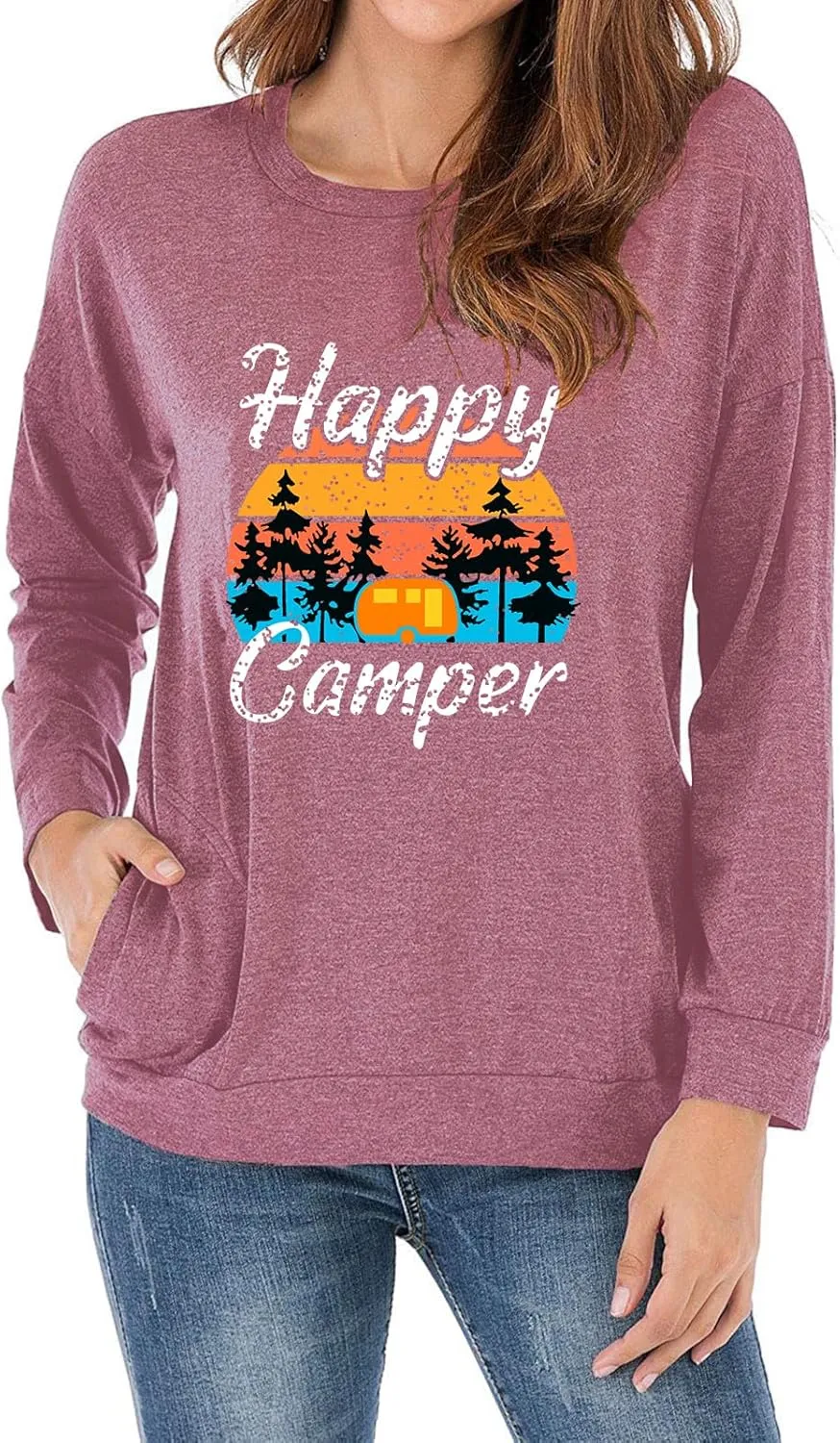 Fuyxxmer Womens Happy Camper Sweatshirt Vintage Mountain Graphic Tee Long Sleeve Pullover Blouses Top Shirts with Pockets