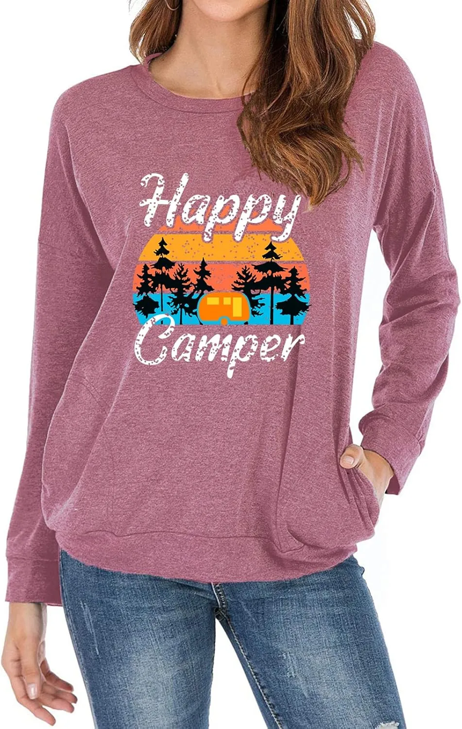 Fuyxxmer Womens Happy Camper Sweatshirt Vintage Mountain Graphic Tee Long Sleeve Pullover Blouses Top Shirts with Pockets