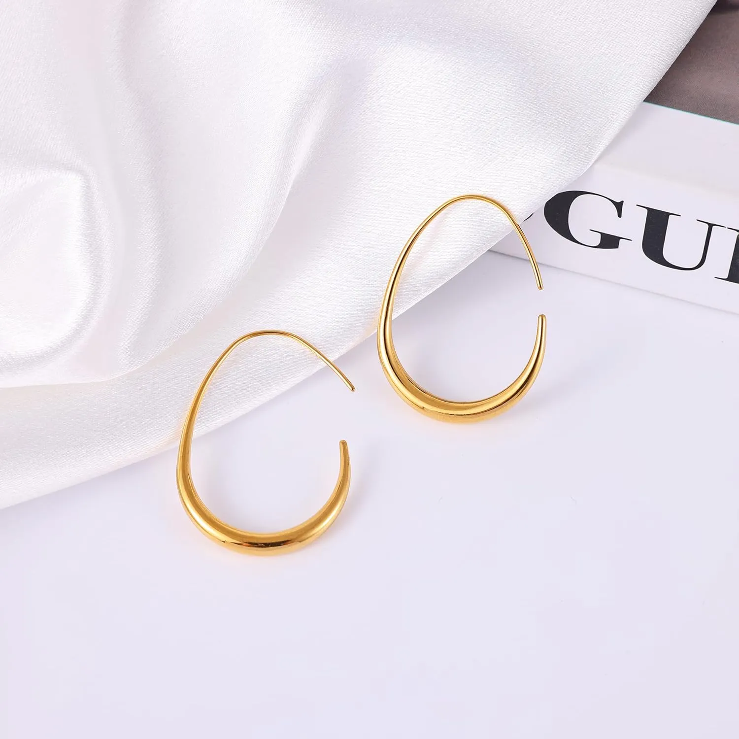 Gacimy Teardrop Hoop Earrings for Women, 14K Gold Plated Oval Pull Through Hoop Earrings for Women, Gold Drop Hoop Earrings for Women