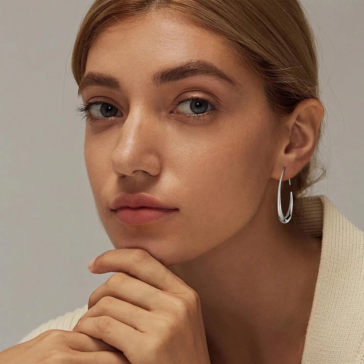 Gacimy Teardrop Hoop Earrings for Women, 14K Gold Plated Oval Pull Through Hoop Earrings for Women, Gold Drop Hoop Earrings for Women