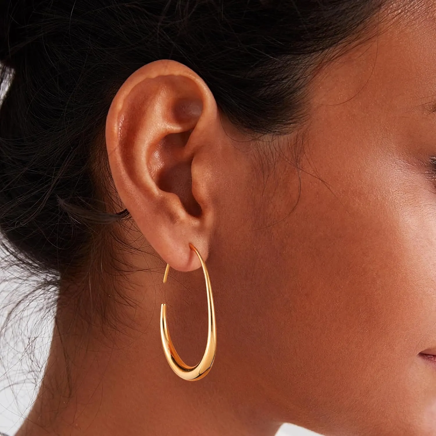Gacimy Teardrop Hoop Earrings for Women, 14K Gold Plated Oval Pull Through Hoop Earrings for Women, Gold Drop Hoop Earrings for Women