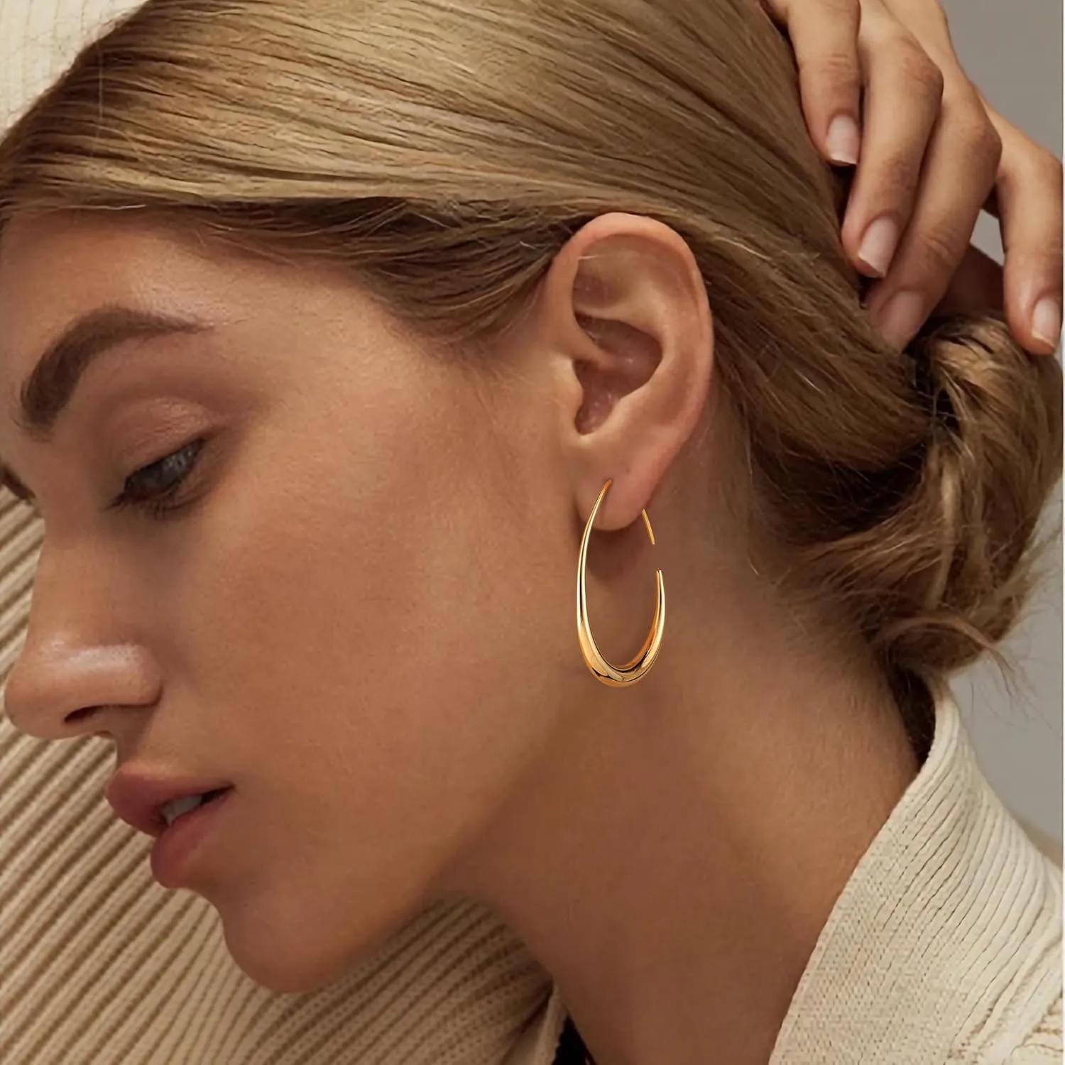 Gacimy Teardrop Hoop Earrings for Women, 14K Gold Plated Oval Pull Through Hoop Earrings for Women, Gold Drop Hoop Earrings for Women