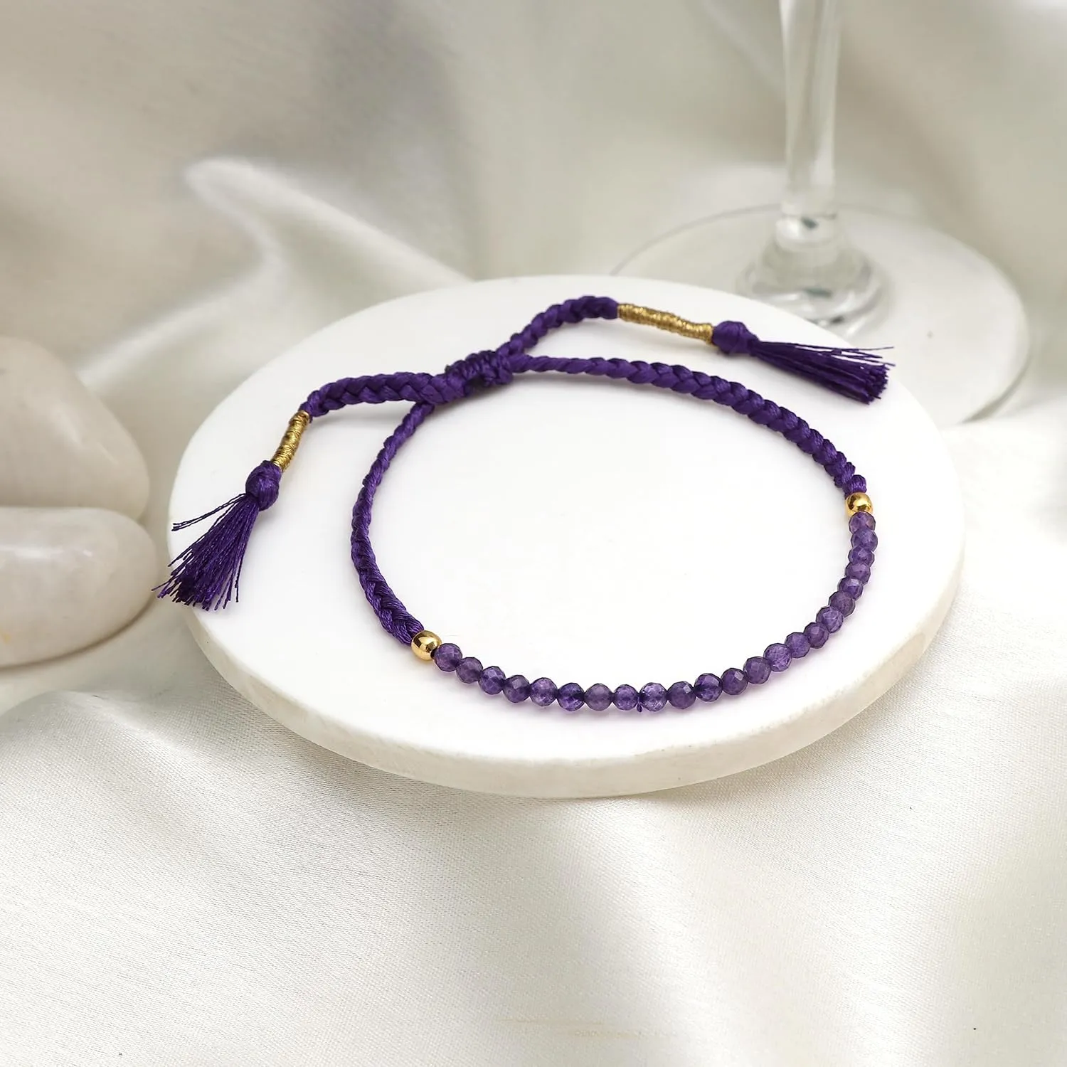 Gempires Natural Purple Amethyst Beaded Braided Bracelet February Birthstone Jewelry Gemstone Bracelets Gift For Women Handmade Everday Wear Jewelry