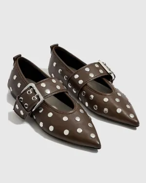 Gia Rivet Embellished Buckle Leather Ballet Flats In Dark Brown