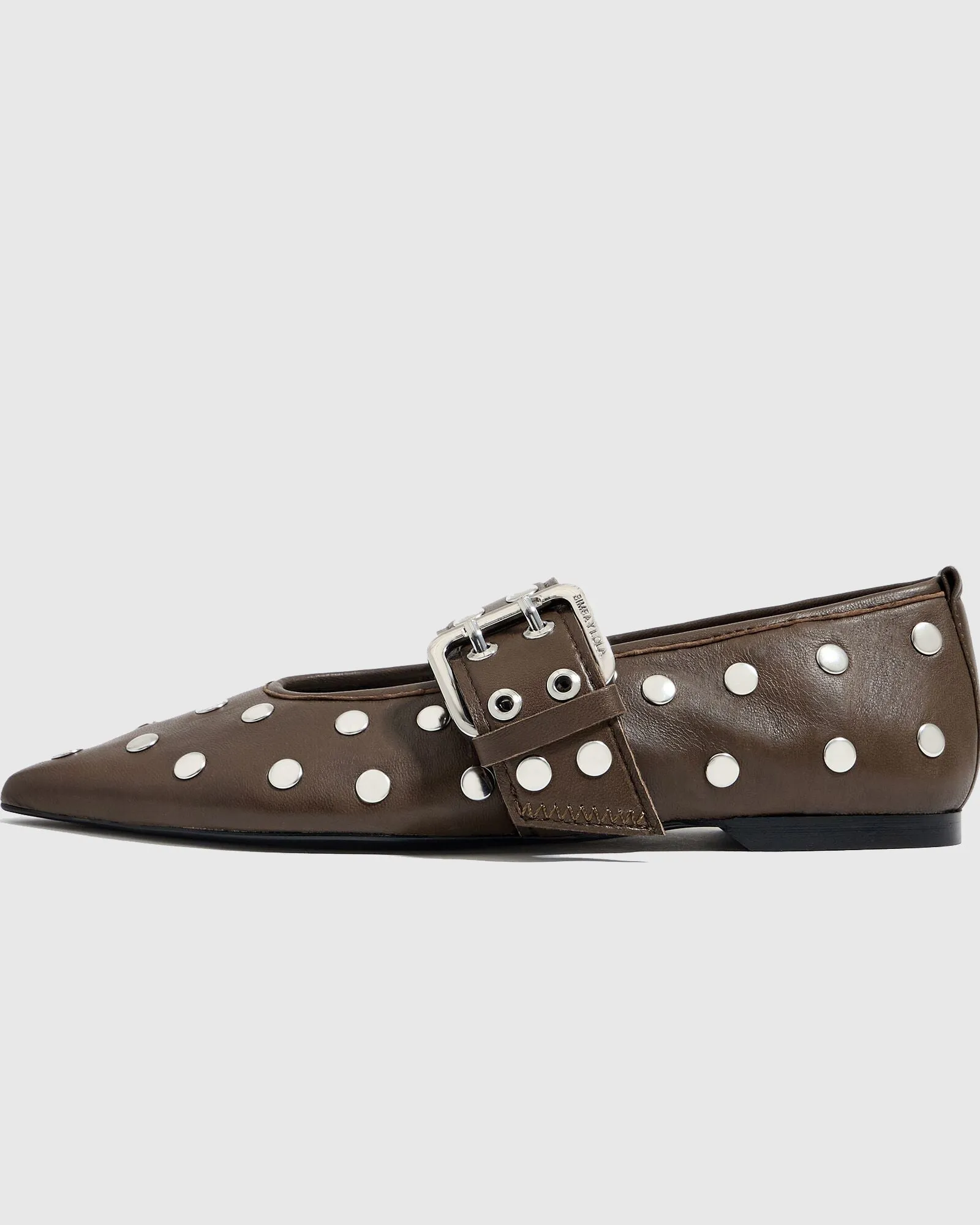 Gia Rivet Embellished Buckle Leather Ballet Flats In Dark Brown