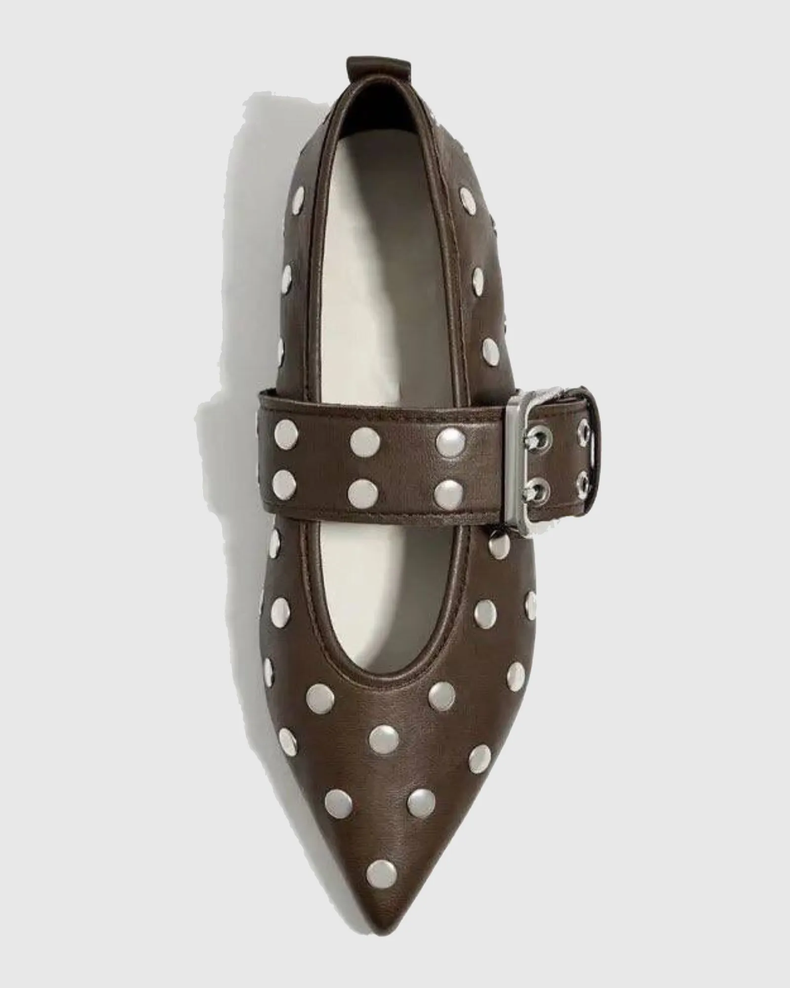 Gia Rivet Embellished Buckle Leather Ballet Flats In Dark Brown