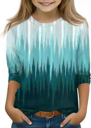 Girls Long Sleeve Shirts Printed Crew Neck Pullover Tops 3/4 Sleeve Lightweight Blouses Fall Winter Sweatshirts