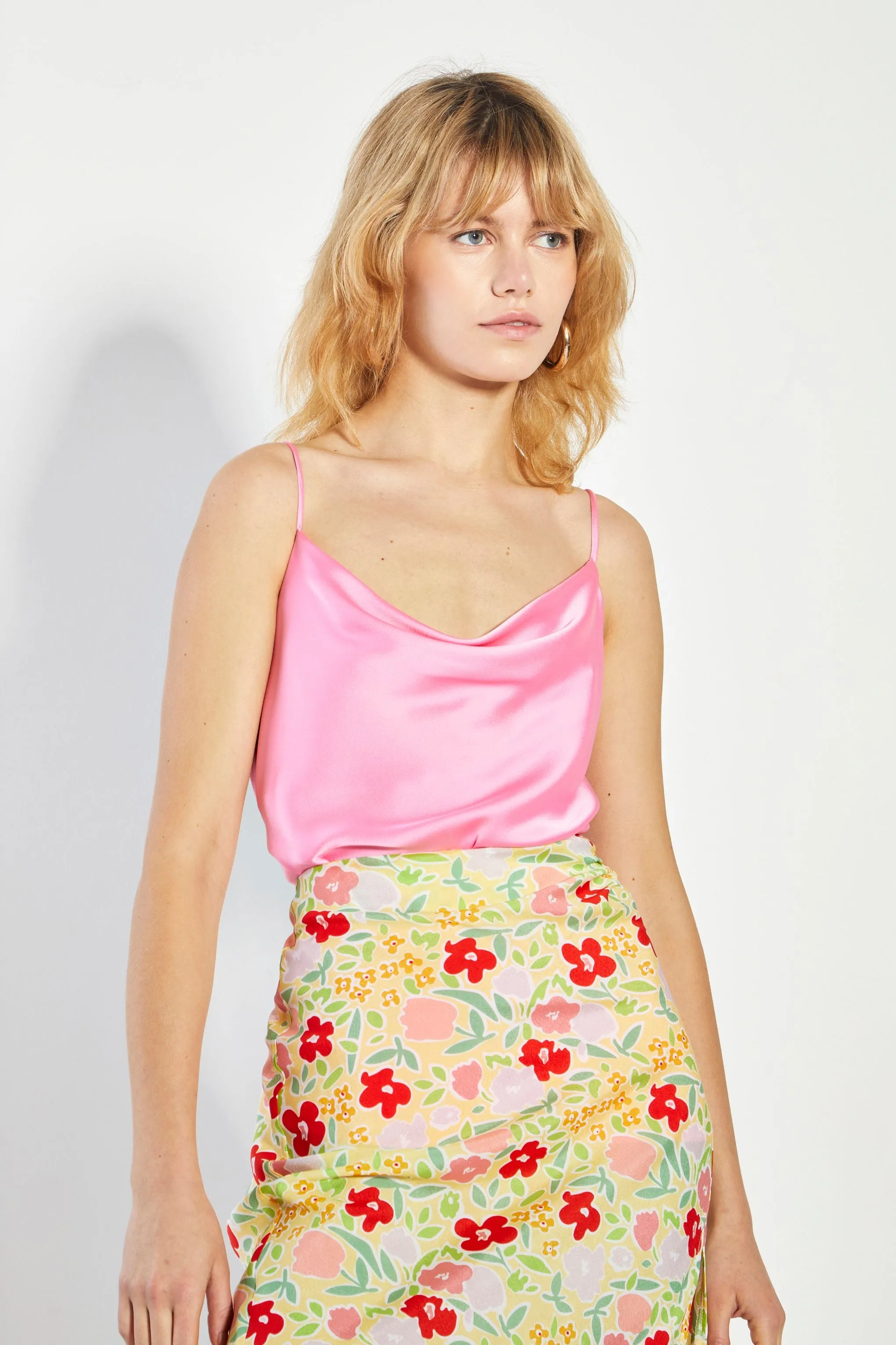 Glamorous Bright Pink Satin Cowl Neck Top