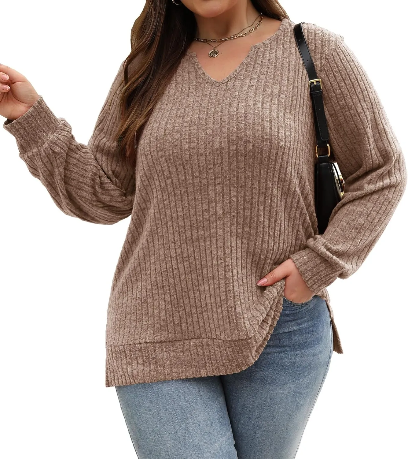 Gloria&Sarah Women's Casual Long Sleeve V Neck Lightweight Knitted Sweaters Loose Fit Plus Size Tunic Tops L-4XL