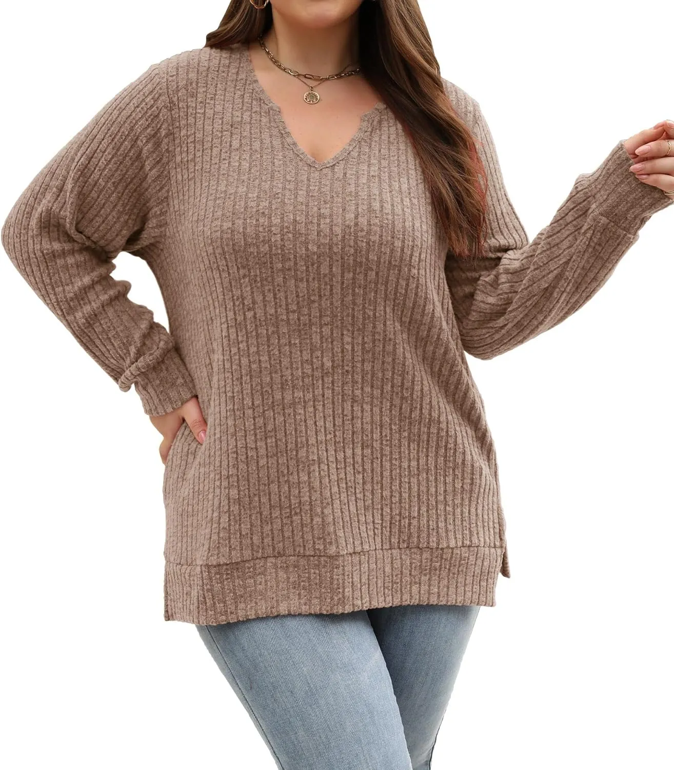 Gloria&Sarah Women's Casual Long Sleeve V Neck Lightweight Knitted Sweaters Loose Fit Plus Size Tunic Tops L-4XL